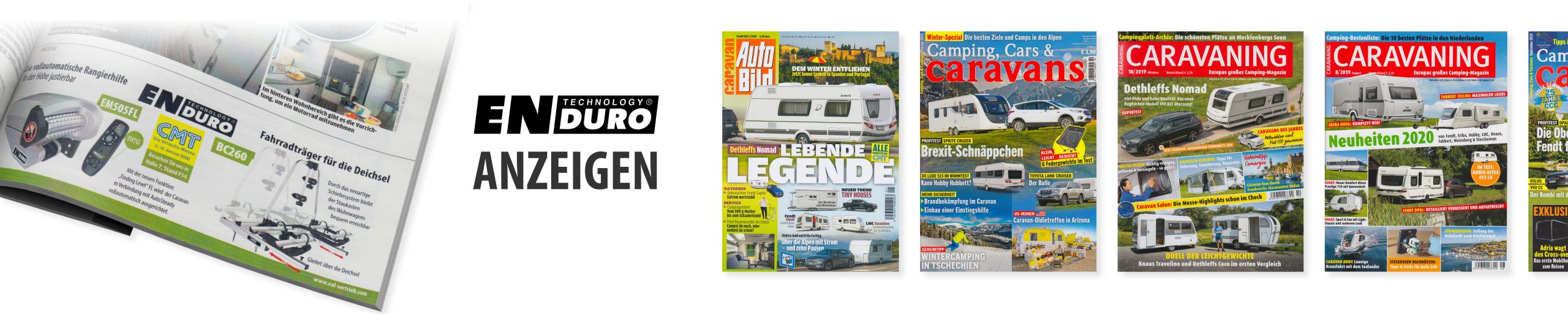Verschiedene Magazine über das Thema Camping und eine Anzeige für Enduro Rangierhilfen